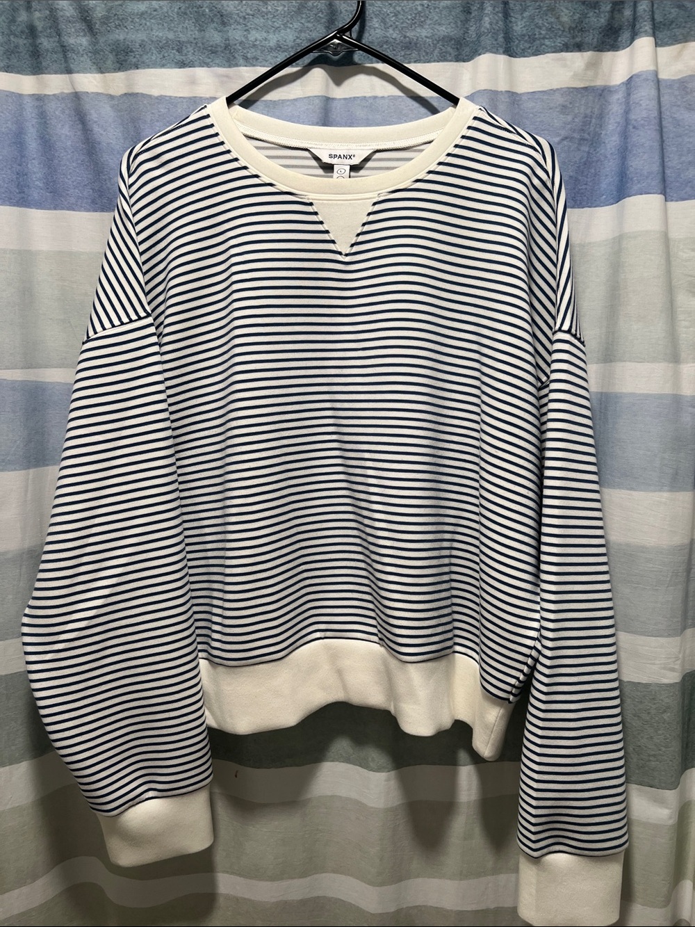 SPANX White & Navy Striped Crewneck Pullover